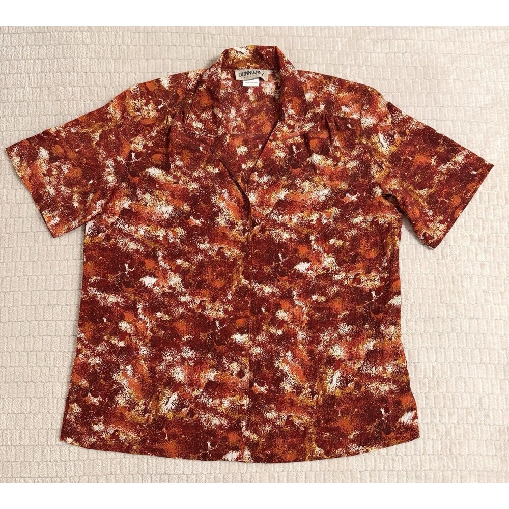 Donkenny Women’s Abstract Button Up Blouse Orange Brown White Short Sleeve L